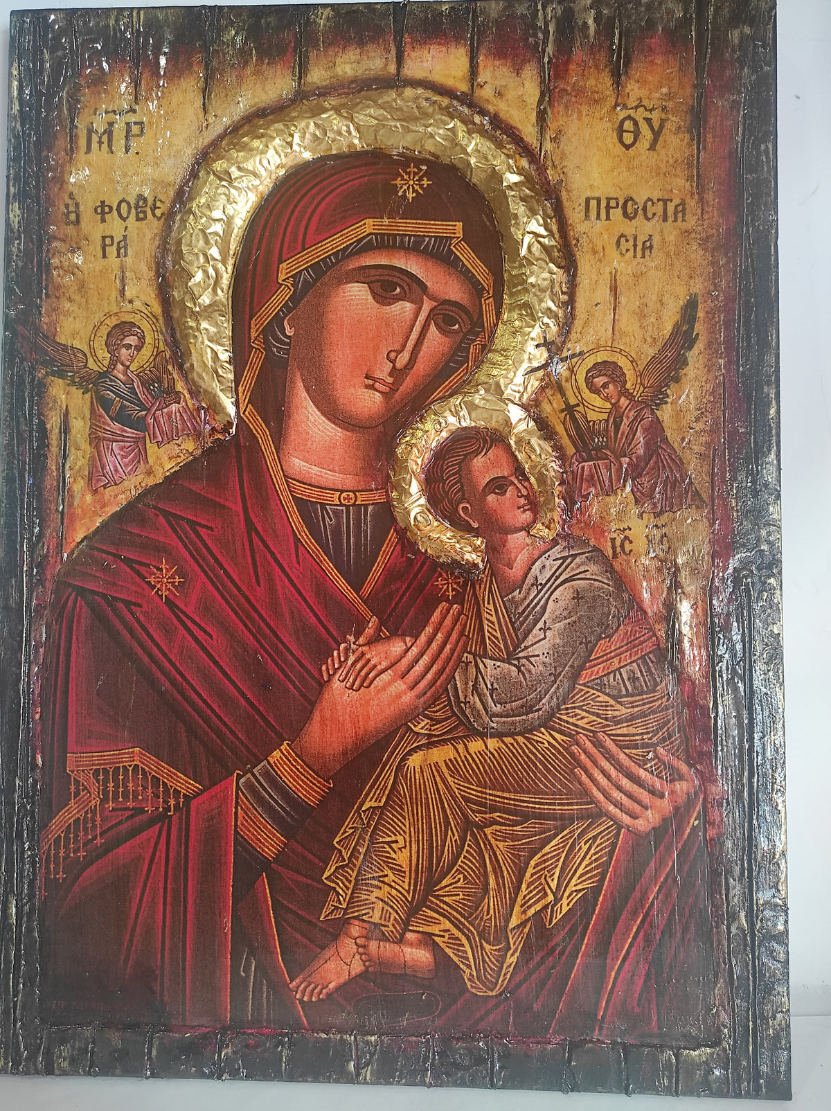 VanasCollection Orthodox Virgin Mary protection icon on wood, Byzantine Christian icon of Mother of God, Greek Orthodox spiritual art