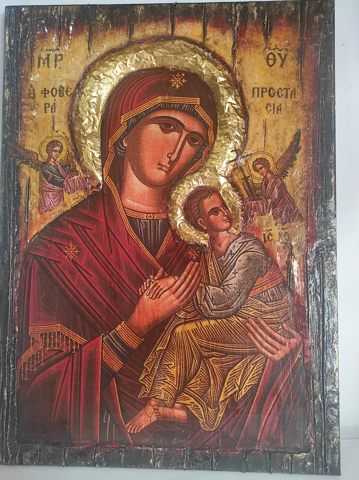Venerable Virgin Mary Orthodox icon by VanasCollection, wooden Christian art depicting the Mother of God with intricate Byzantine details.