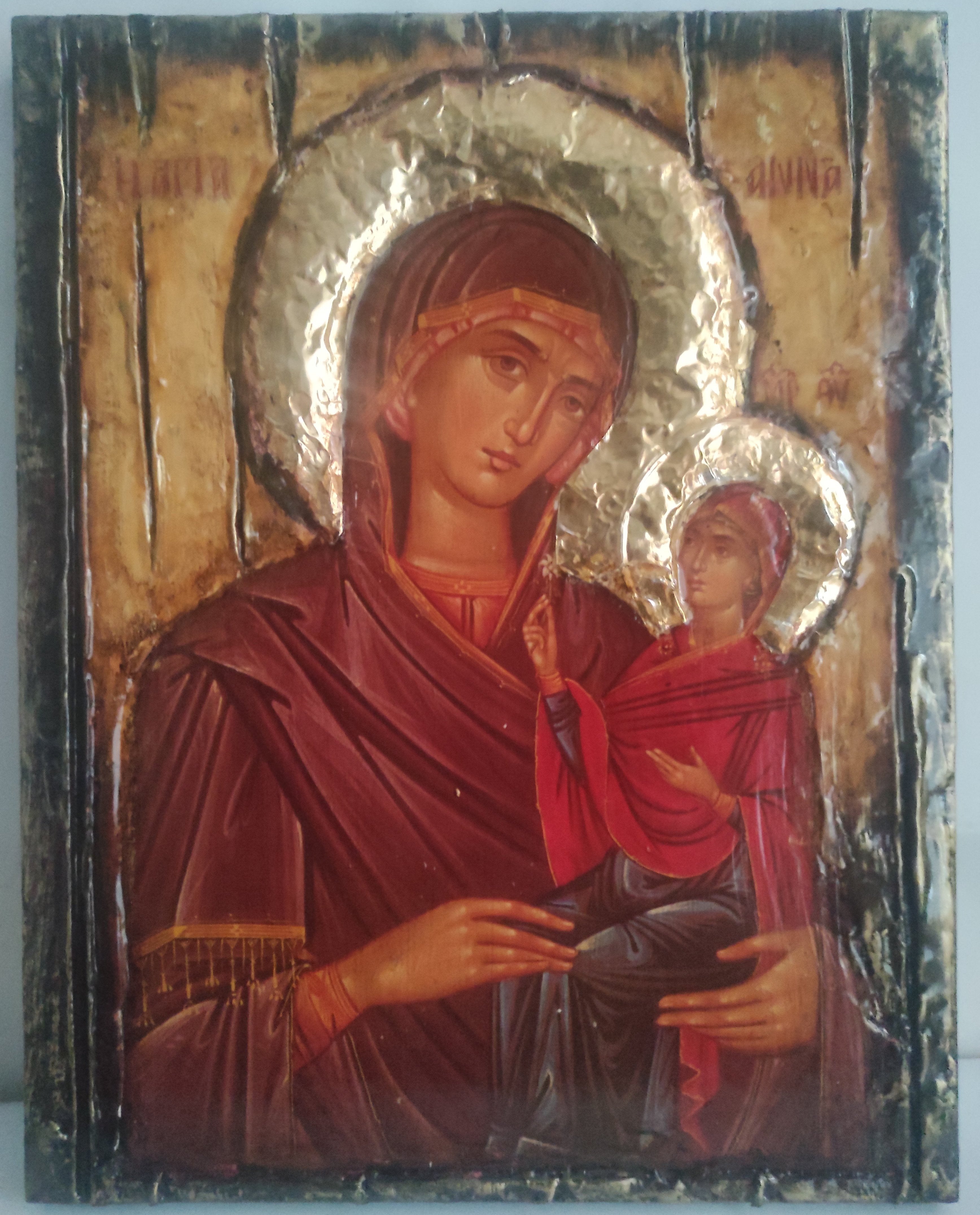 Saint St. Anna with Virgin Mary-Handmade Greek Orthodox Byzantine Icon Antique Style