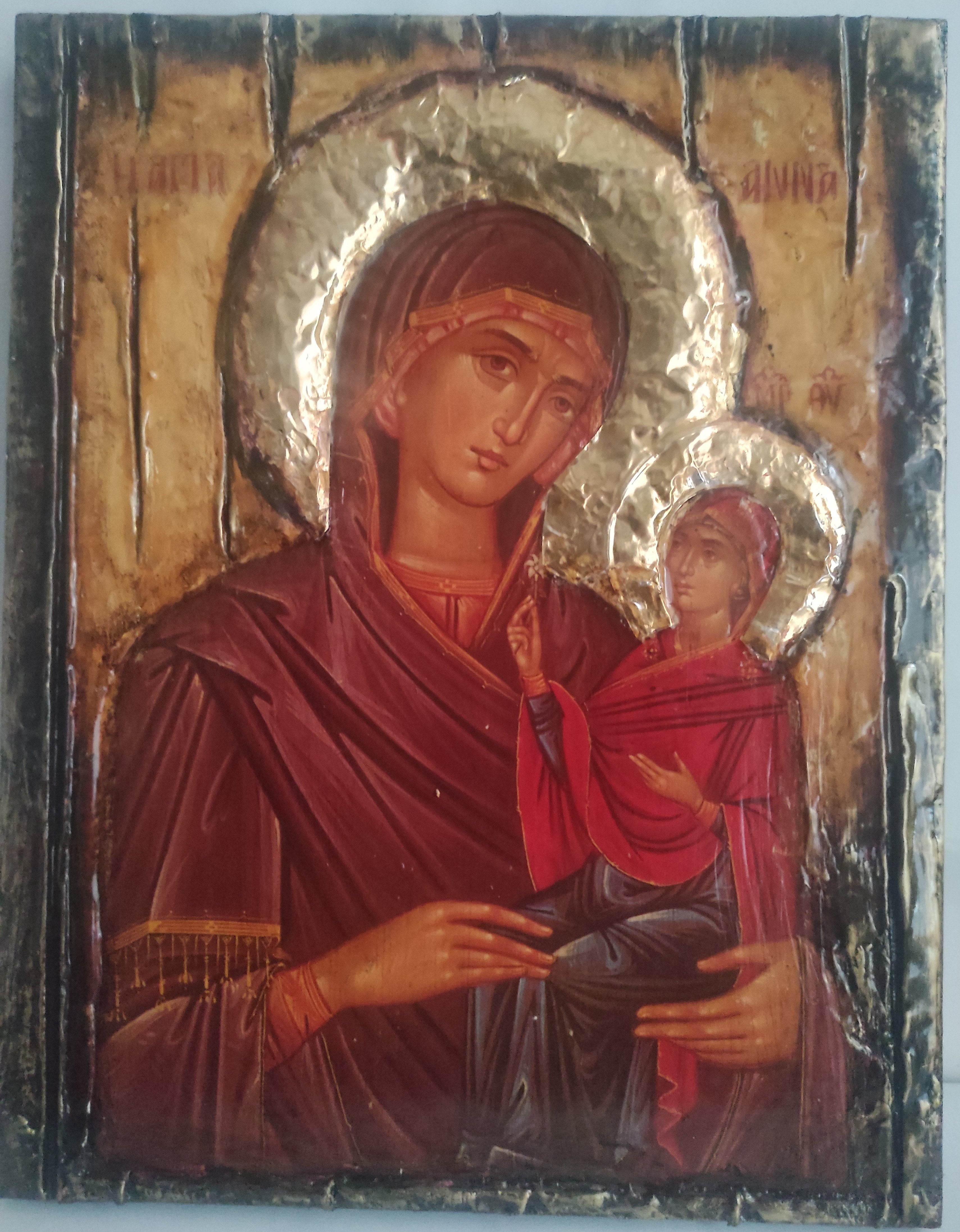 Saint St. Anna with Virgin Mary-Handmade Greek Orthodox Byzantine Icon Antique Style