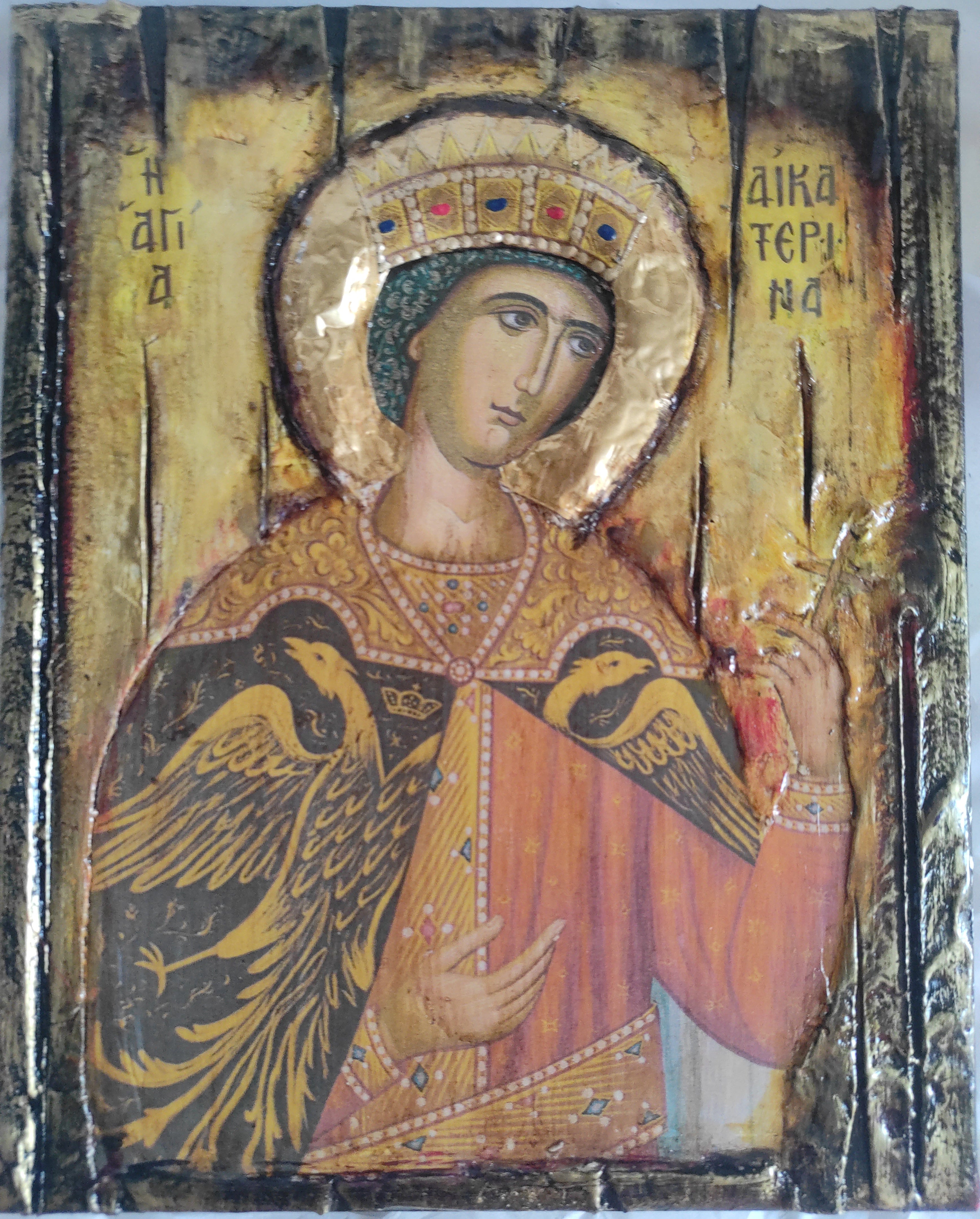 Saint St Aikaterini Catherine Icon-Greek Orthodox Handmade Icons-Christian Spiritual