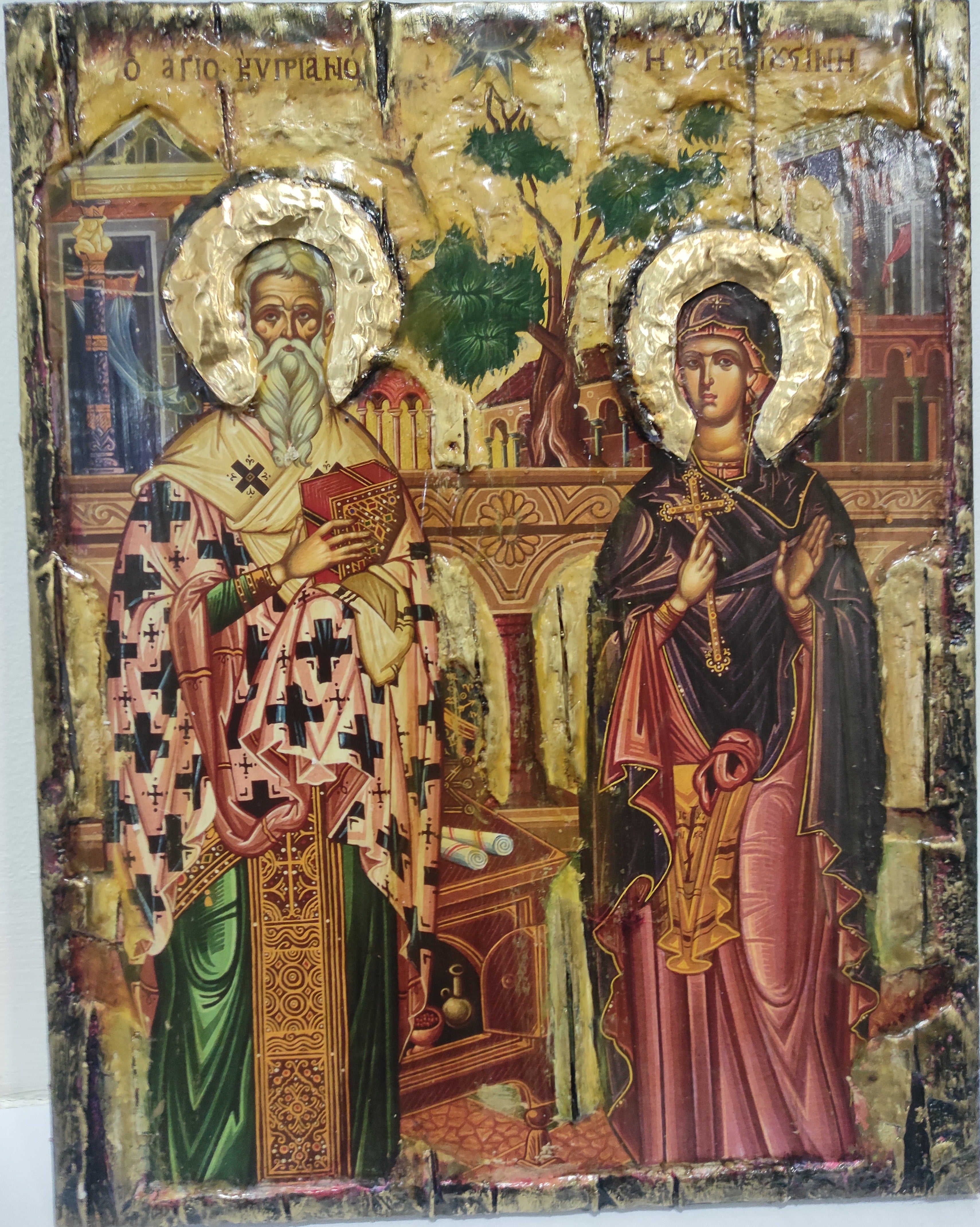 Saints Cyprian, Hieromartyr, Bishop of Carthago and Justina, Virgin-Martyr, of Nicomedia, Full Body Icon-Greek Byzantine Icons