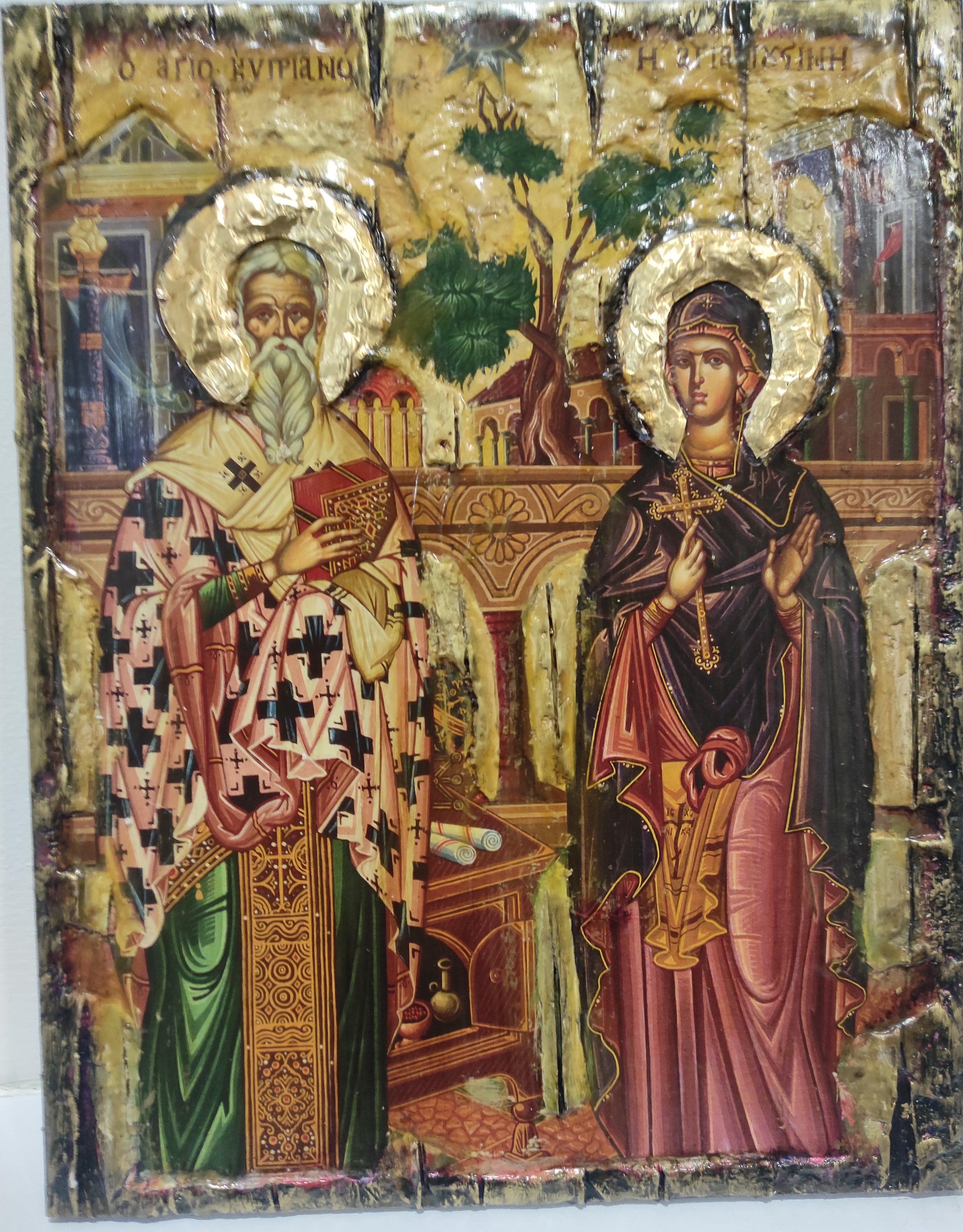 Saints Cyprian, Hieromartyr, Bishop of Carthago and Justina, Virgin-Martyr, of Nicomedia, Full Body Icon-Greek Byzantine Icons
