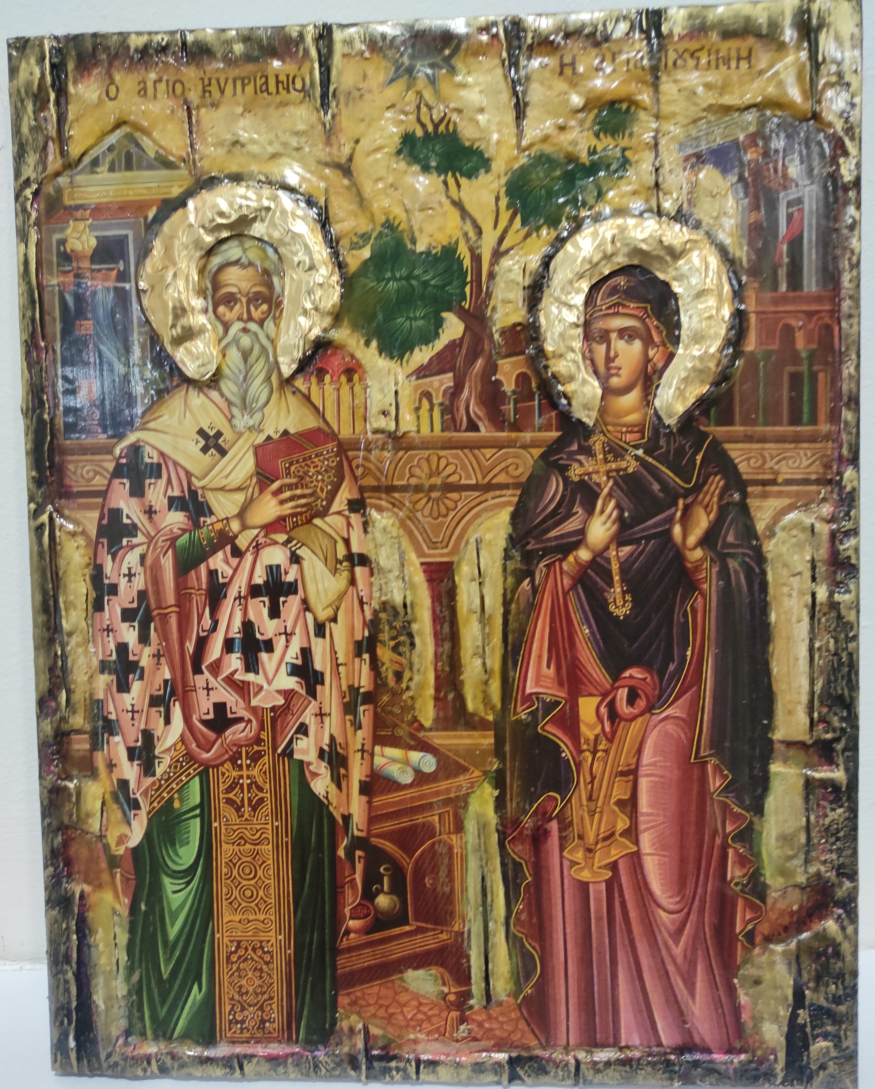 Saints Cyprian, Hieromartyr, Bishop of Carthago and Justina, Virgin-Martyr, of Nicomedia, Full Body Icon-Greek Byzantine Icons