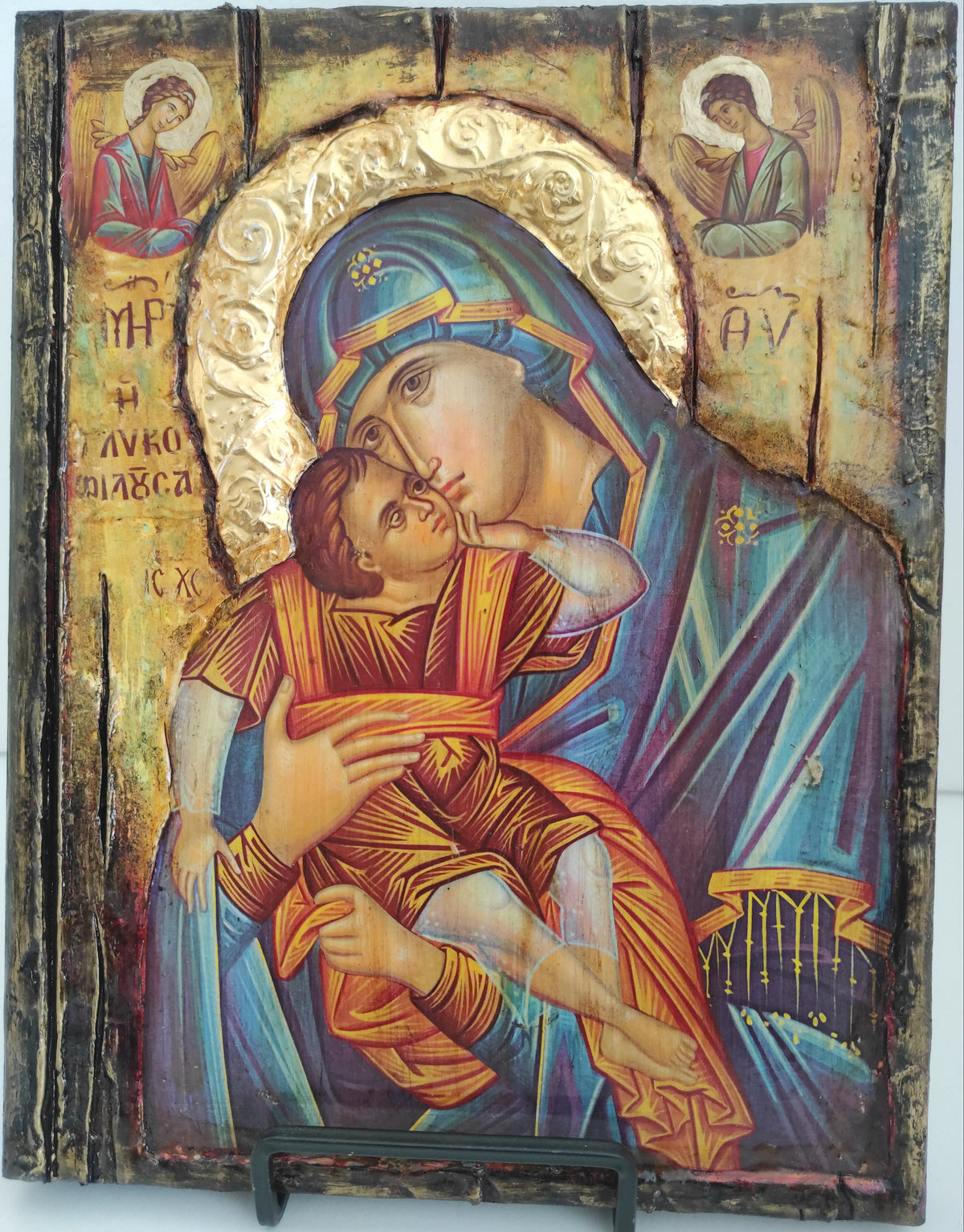 Discover our authentic Virgin Mary Glykofilousa icon. Handcrafted Greek Orthodox Byzantine art made with devotion. Perfect for home prayer or a sacred gift.
