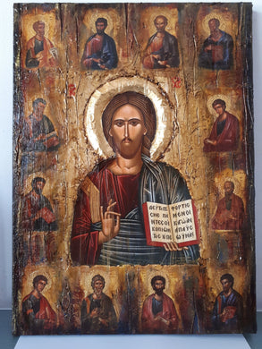 Jesus Christ The Blessed with 12 Apostles Icon-Orthodox Greek Byzantine Icons - Vanas Collection