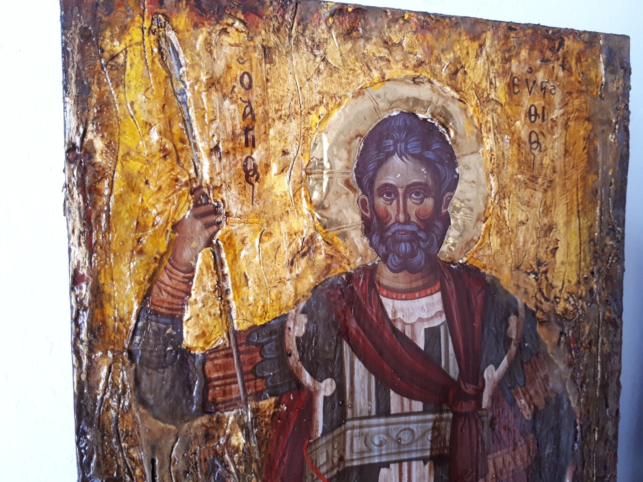 Saint St. Efstathios Rare Icon- Greek Religious Orthodox Icon Antique Style - Vanas Collection