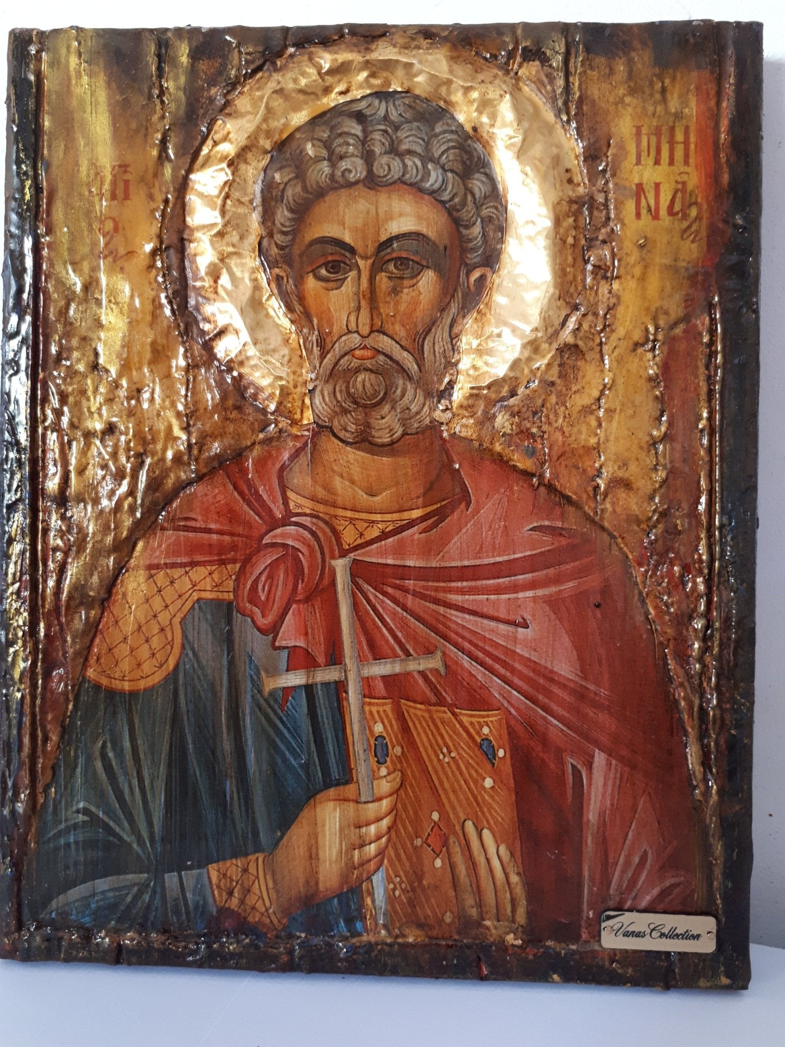 Saint St Menas Minas Icon Greek Orthodox Byzantine Handmade Icons Antique Style - Vanas Collection