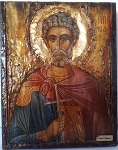 Saint St Menas Minas Icon Greek Orthodox Byzantine Handmade Icons Antique Style - Vanas Collection