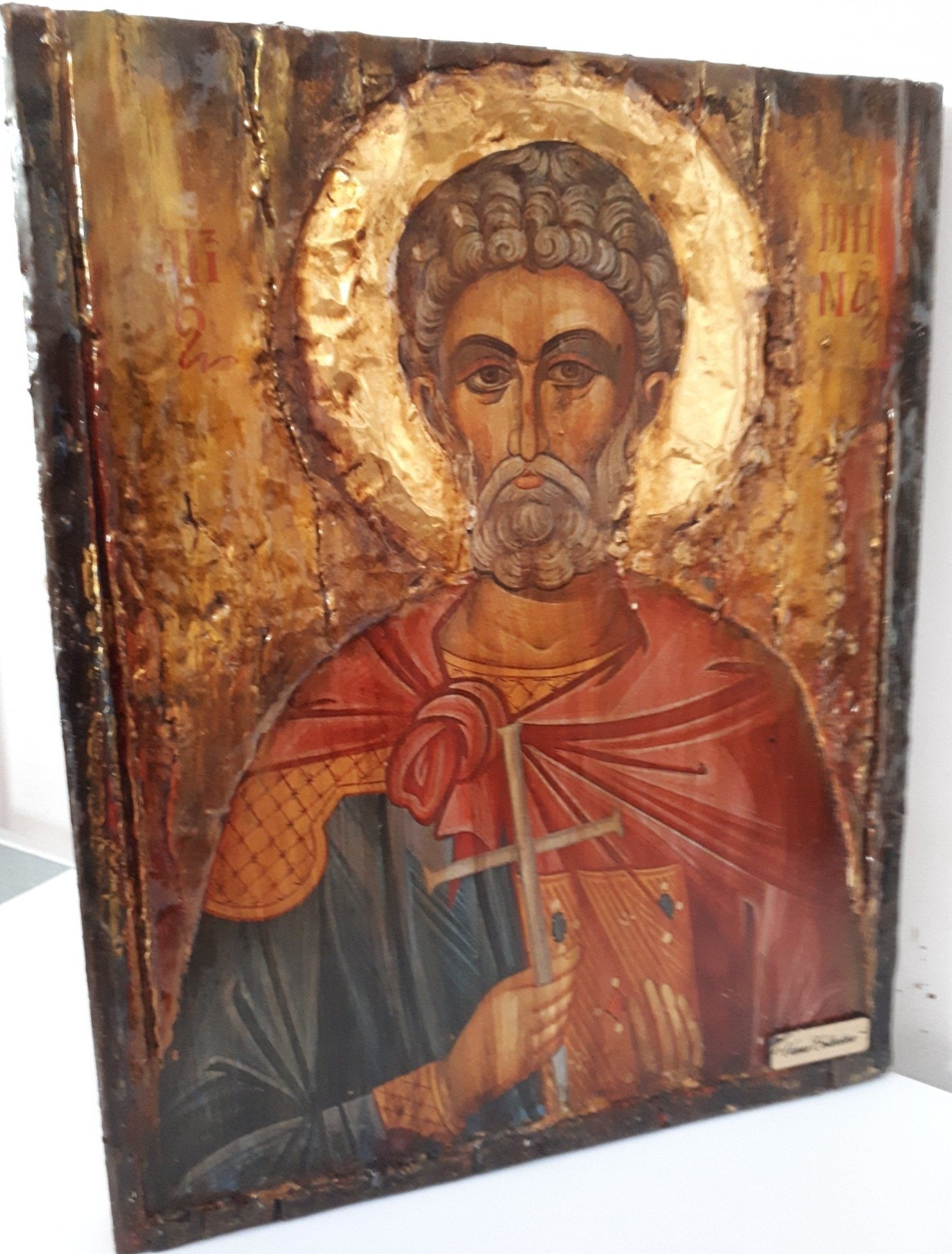 Saint St Menas Minas Icon Greek Orthodox Byzantine Handmade Icons Antique Style - Vanas Collection