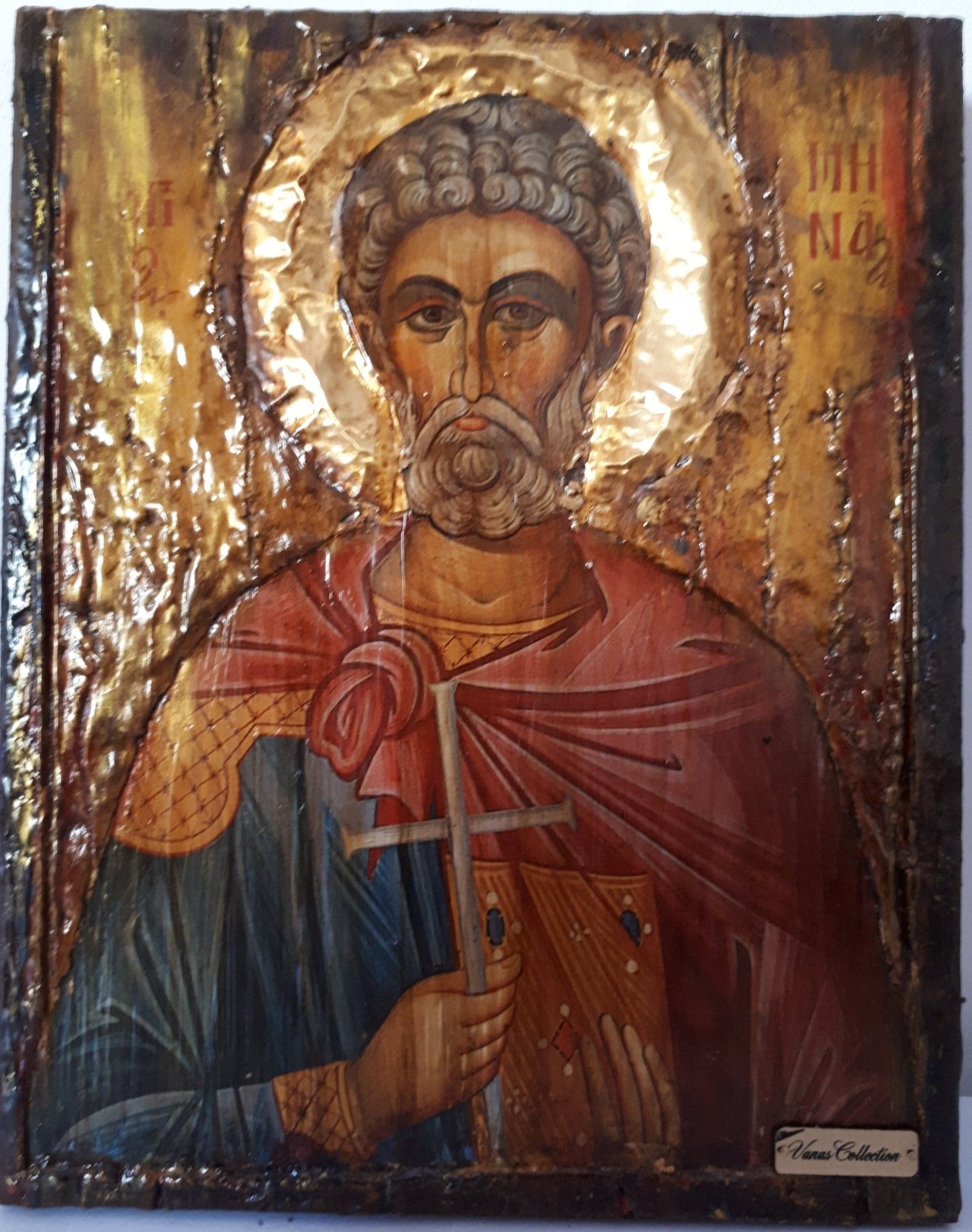 Saint St Menas Minas Icon Greek Orthodox Byzantine Handmade Icons Antique Style - Vanas Collection