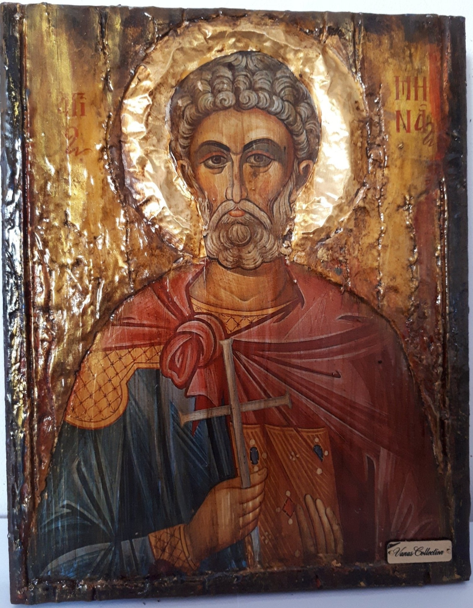 Saint St Menas Minas Icon Greek Orthodox Byzantine Handmade Icons Antique Style - Vanas Collection