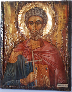 Saint St Menas Minas Icon Greek Orthodox Byzantine Handmade Icons Antique Style - Vanas Collection