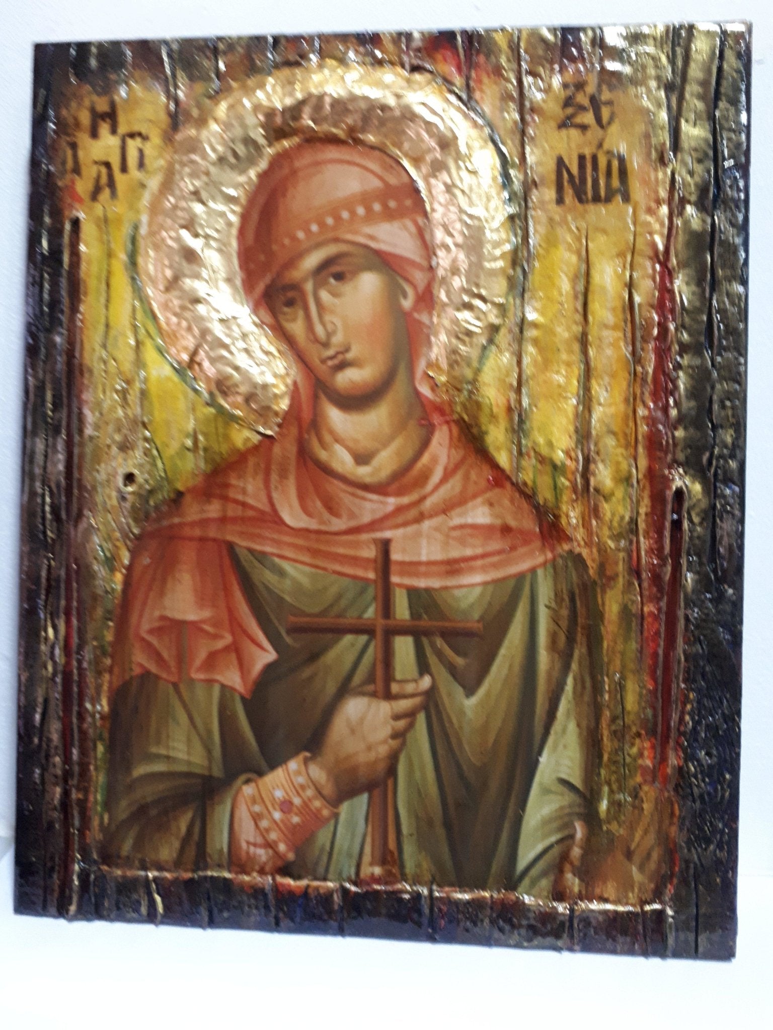 Saint St. Xenia Antique Style Icon on Wood-Greek Orthodox Russian Icons - Vanas Collection