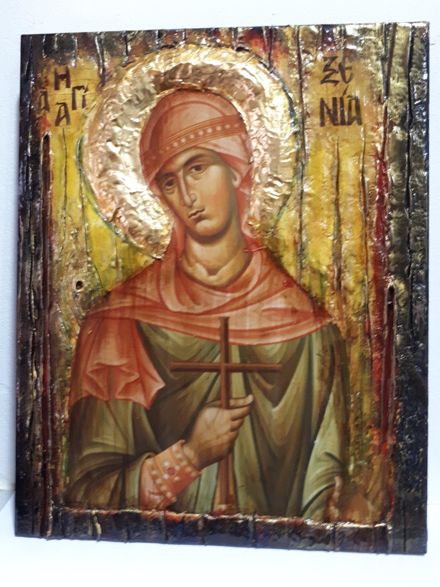 Saint St. Xenia Antique Style Icon on Wood-Greek Orthodox Russian Icons - Vanas Collection