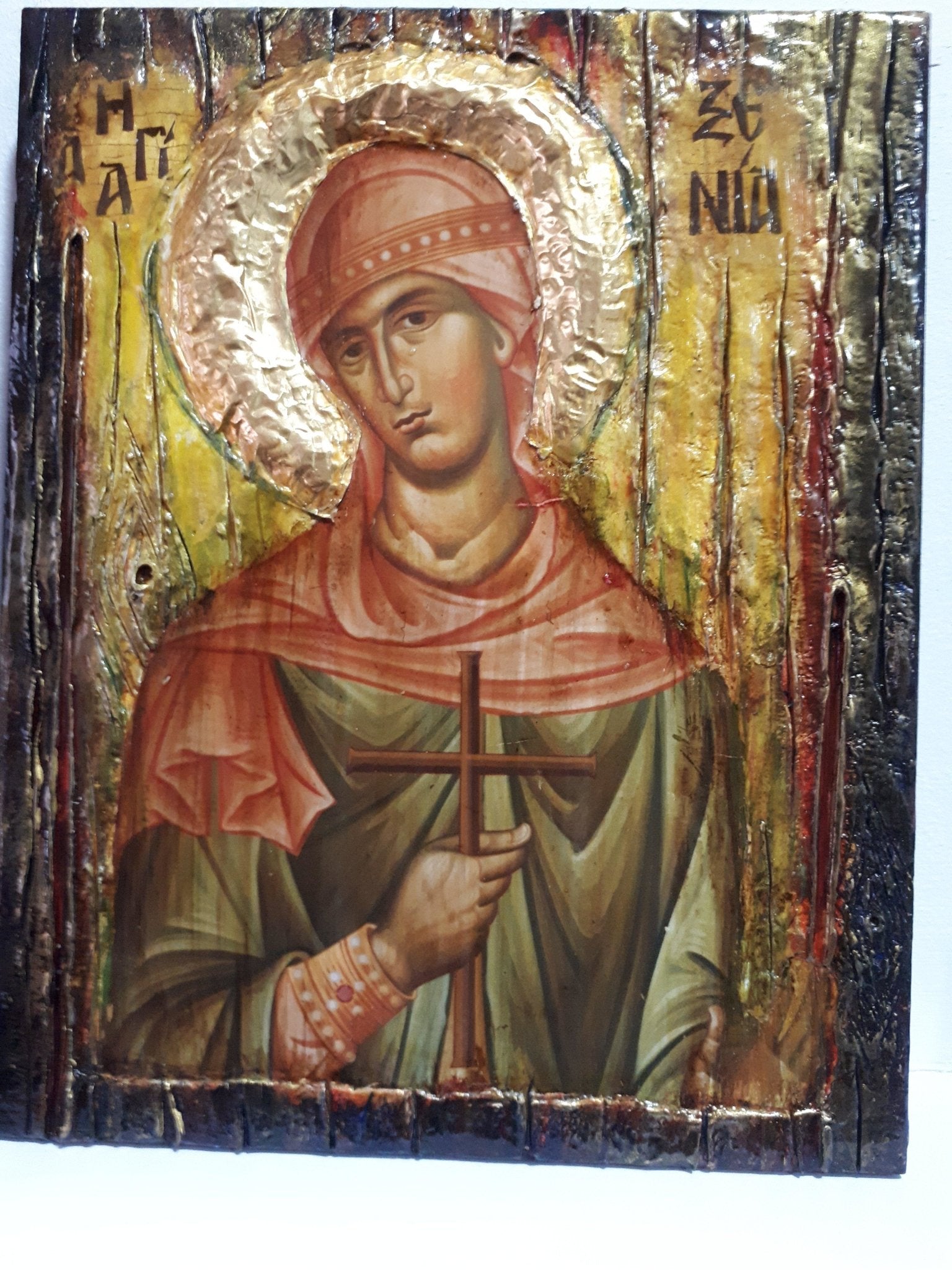 Saint St. Xenia Antique Style Icon on Wood-Greek Orthodox Russian Icons - Vanas Collection