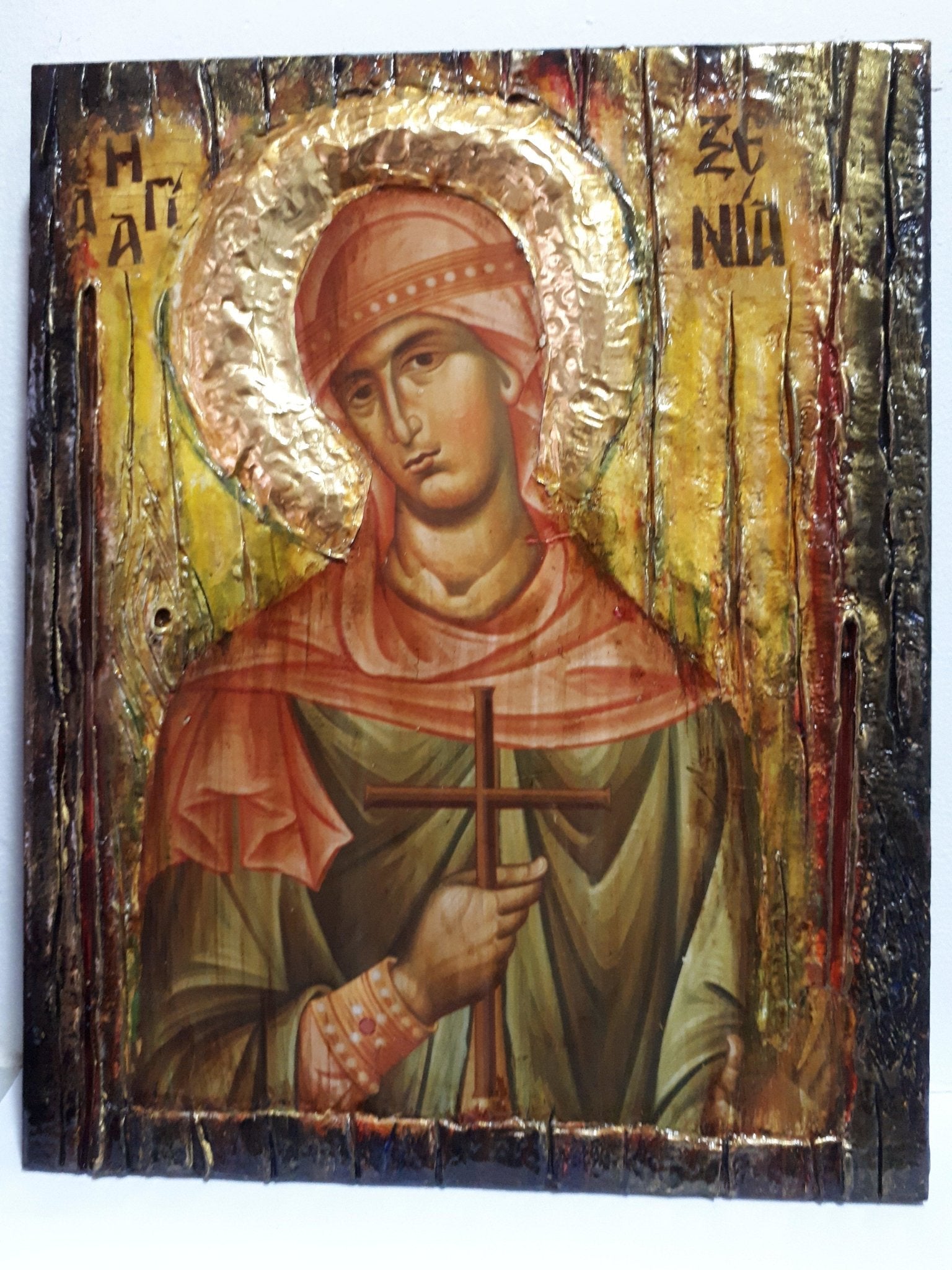 Saint St. Xenia Antique Style Icon on Wood-Greek Orthodox Russian Icons - Vanas Collection