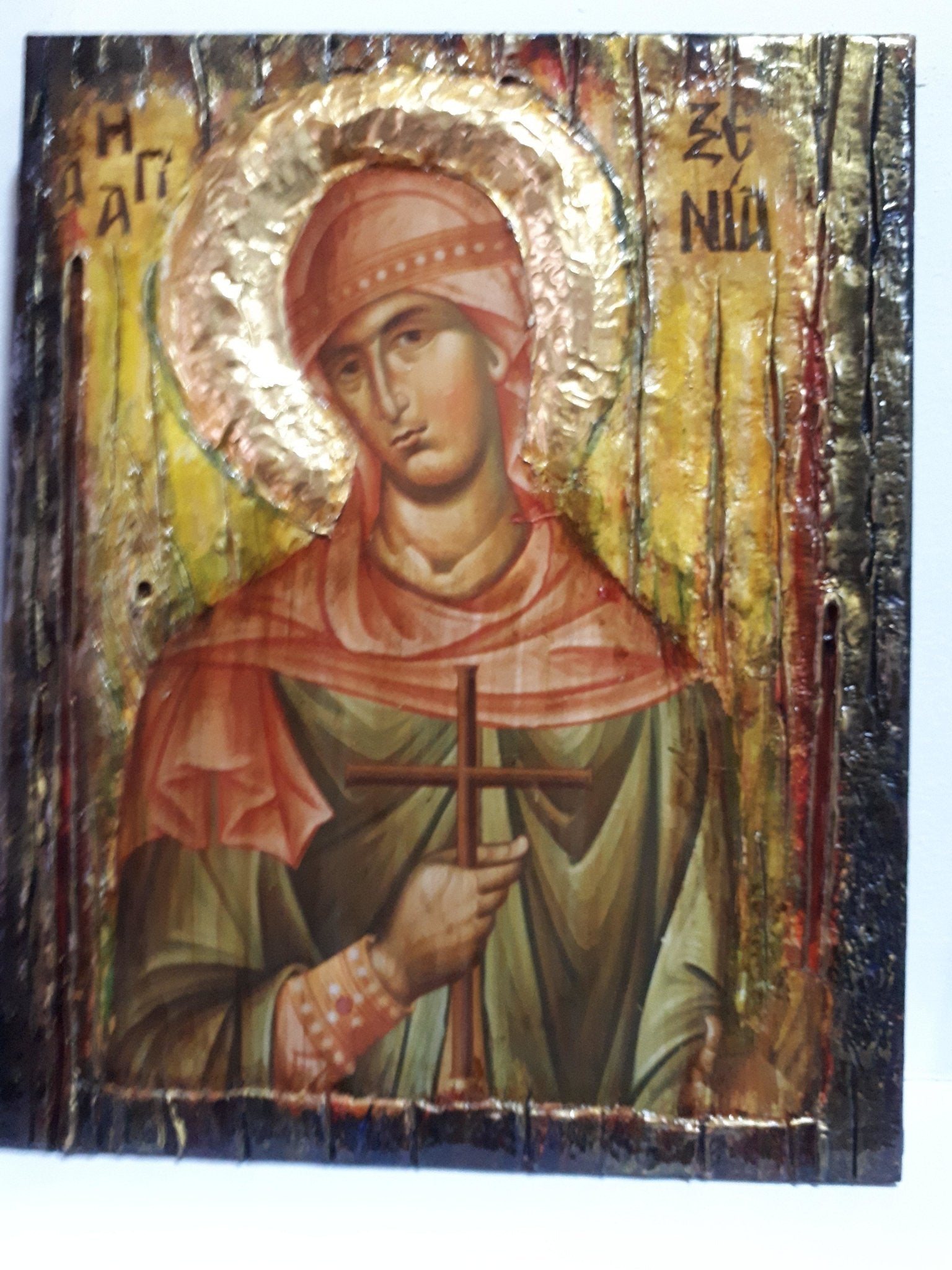 Saint St. Xenia Antique Style Icon on Wood-Greek Orthodox Russian Icons - Vanas Collection