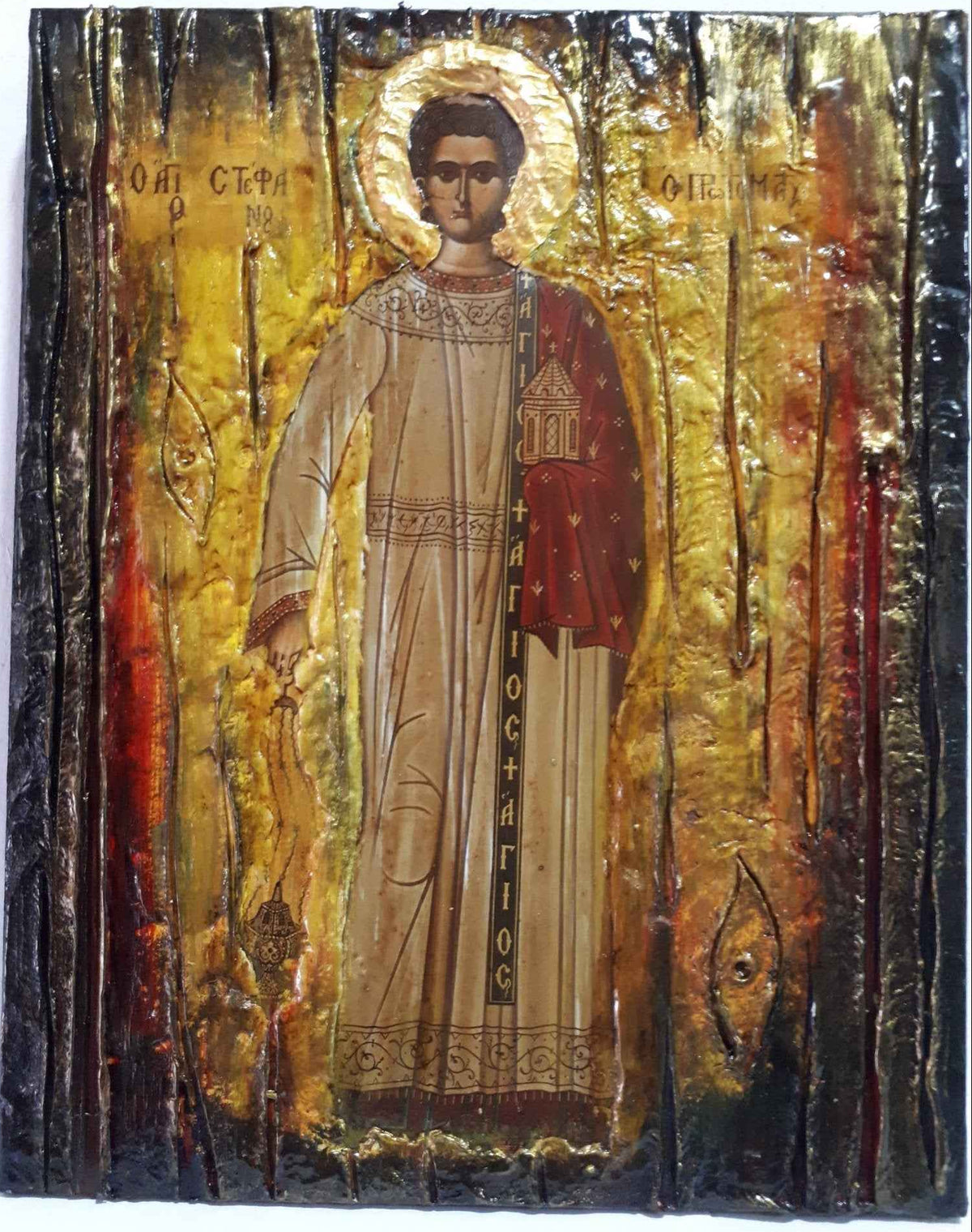 Saint Stefanos Stephen Wooden Greek Icon-Christian Orthodox Wood Icons - Vanas Collection