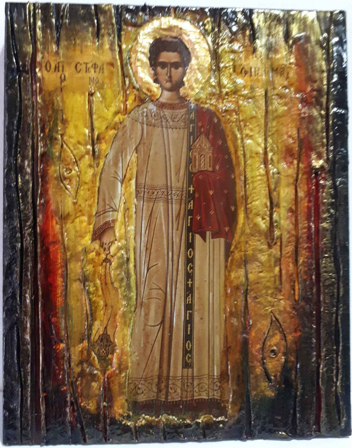 Saint Stefanos Stephen Wooden Greek Icon-Christian Orthodox Wood Icons - Vanas Collection