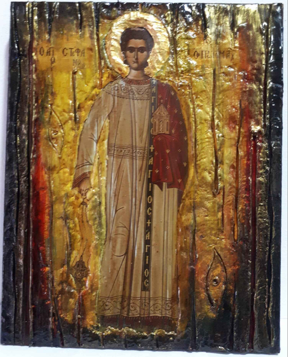 Saint Stefanos Stephen Wooden Greek Icon-Christian Orthodox Wood Icons - Vanas Collection