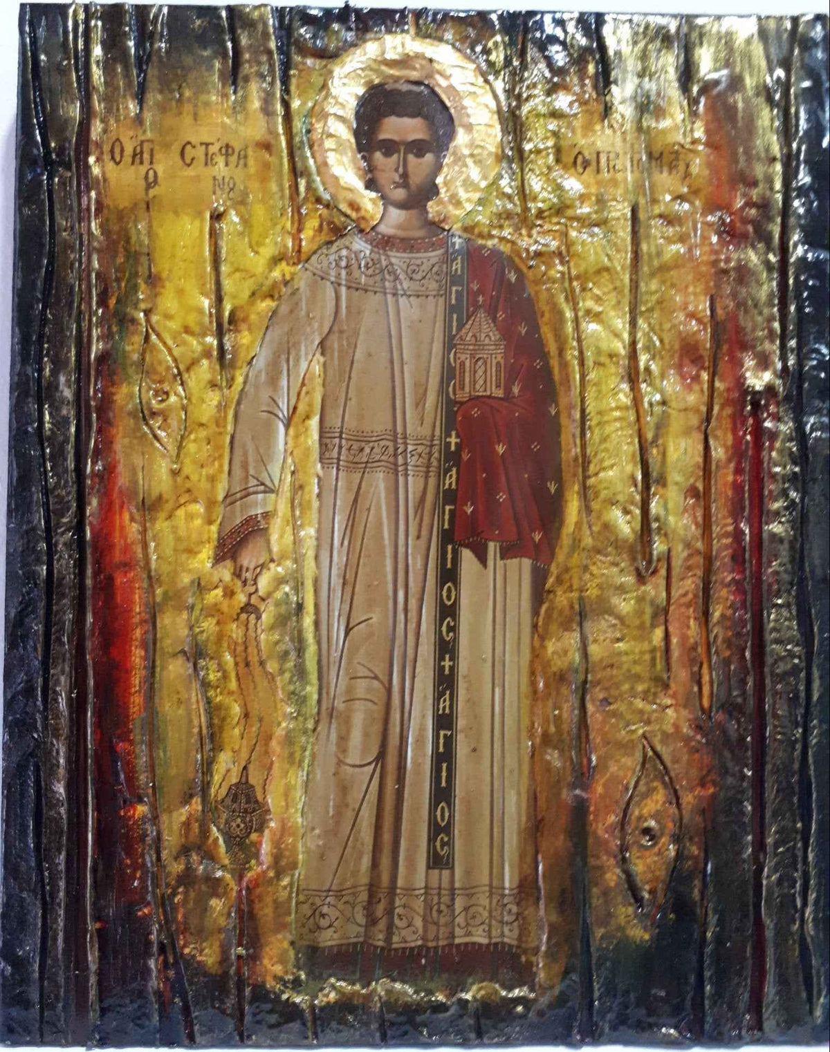 Saint Stefanos Stephen Wooden Greek Icon-Christian Orthodox Wood Icons - Vanas Collection