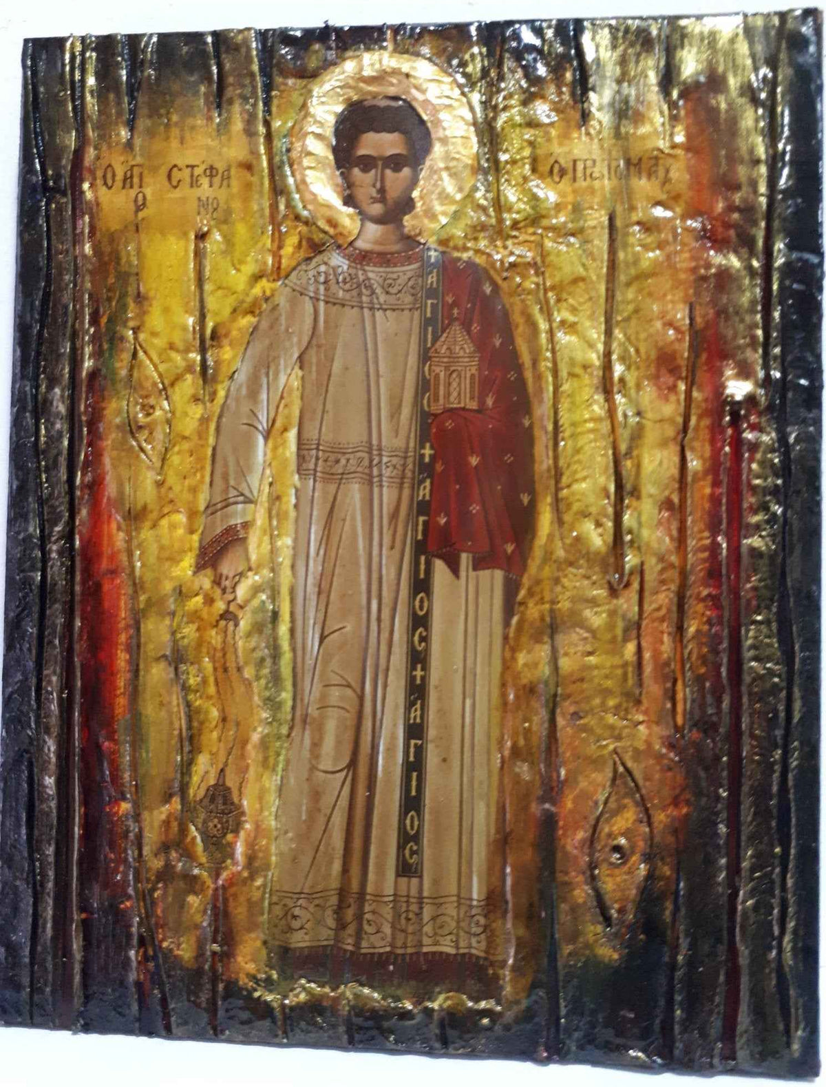 Saint Stefanos Stephen Wooden Greek Icon-Christian Orthodox Wood Icons - Vanas Collection
