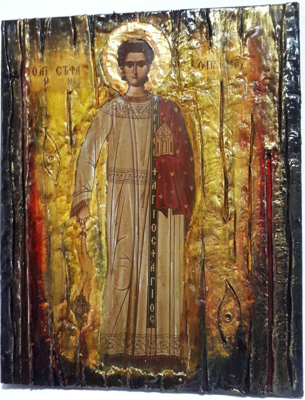 Saint Stefanos Stephen Wooden Greek Icon-Christian Orthodox Wood Icons - Vanas Collection