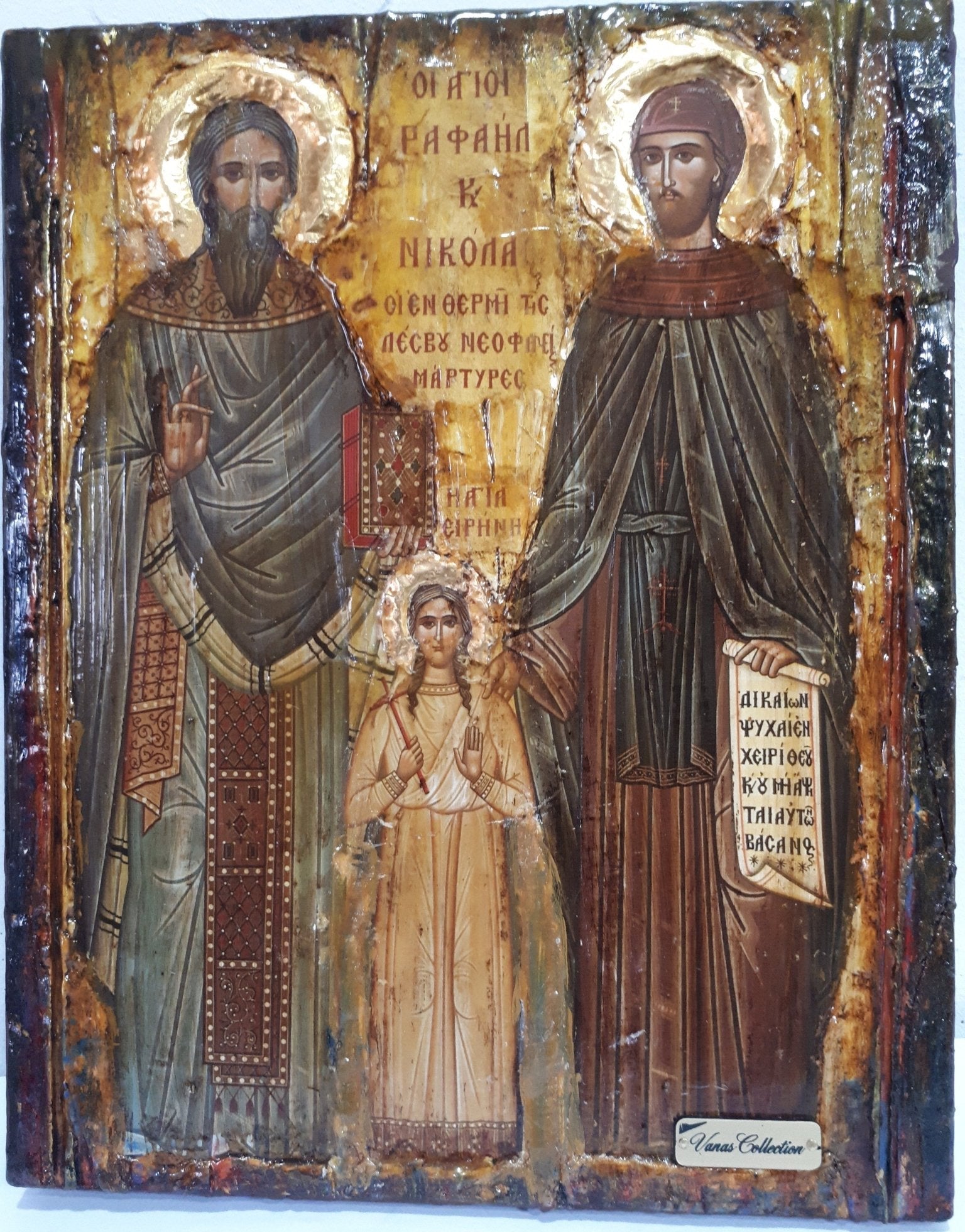 St. Raphael, St. Irene & St. Nicholas-Greek Orthodox Byzantine Handmade Icons - Vanas Collection