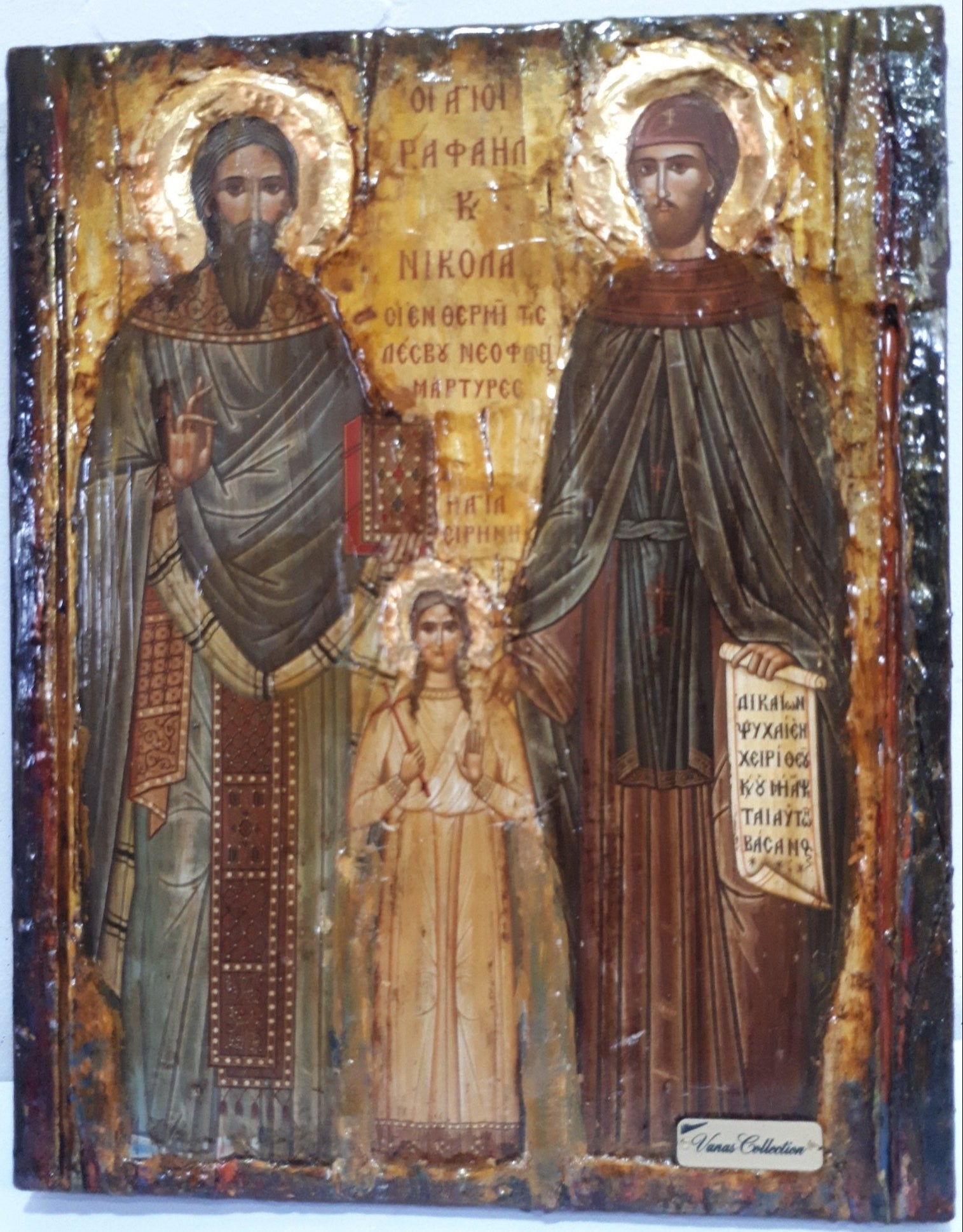 St. Raphael, St. Irene & St. Nicholas-Greek Orthodox Byzantine Handmade Icons - Vanas Collection