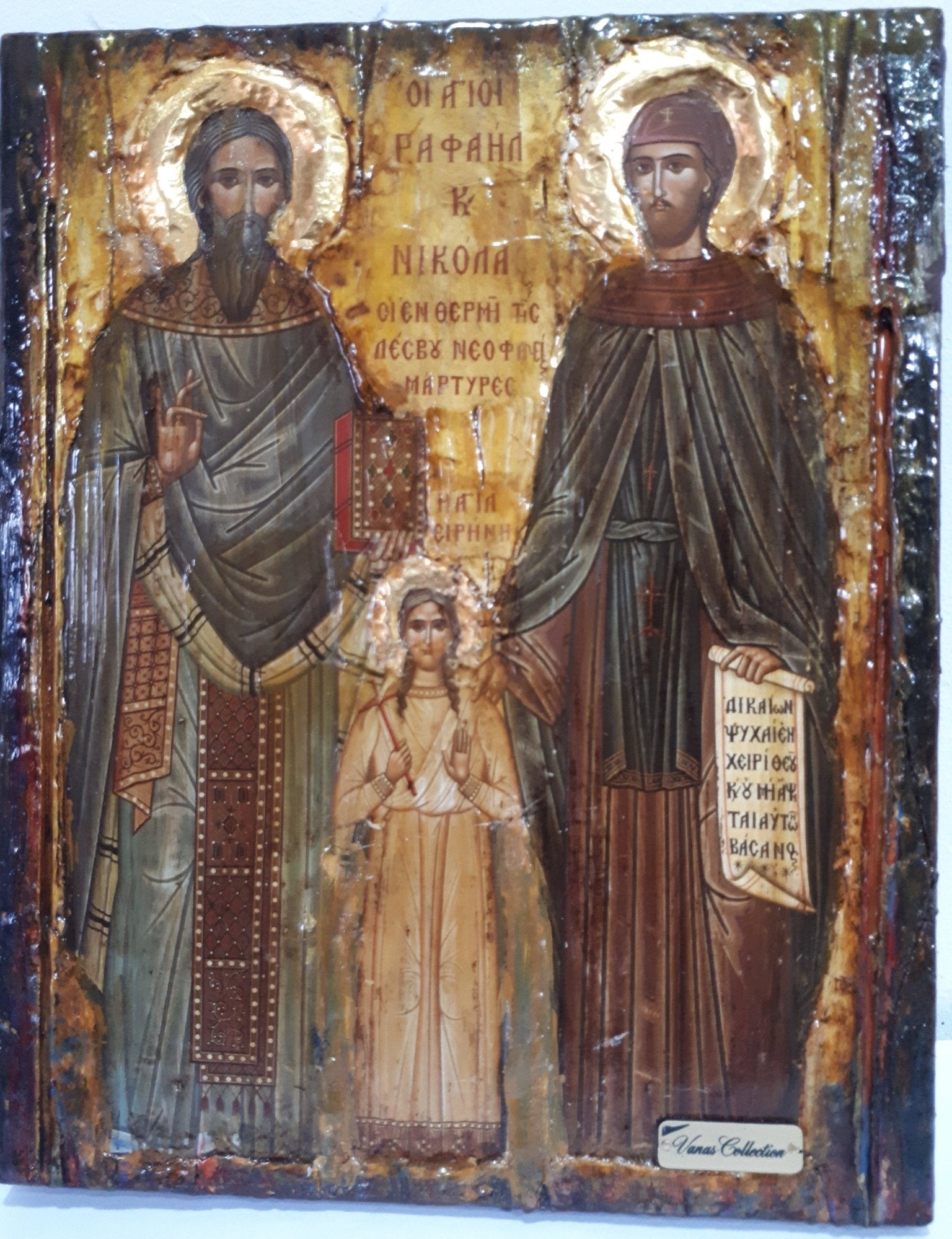 St. Raphael, St. Irene & St. Nicholas-Greek Orthodox Byzantine Handmade Icons - Vanas Collection