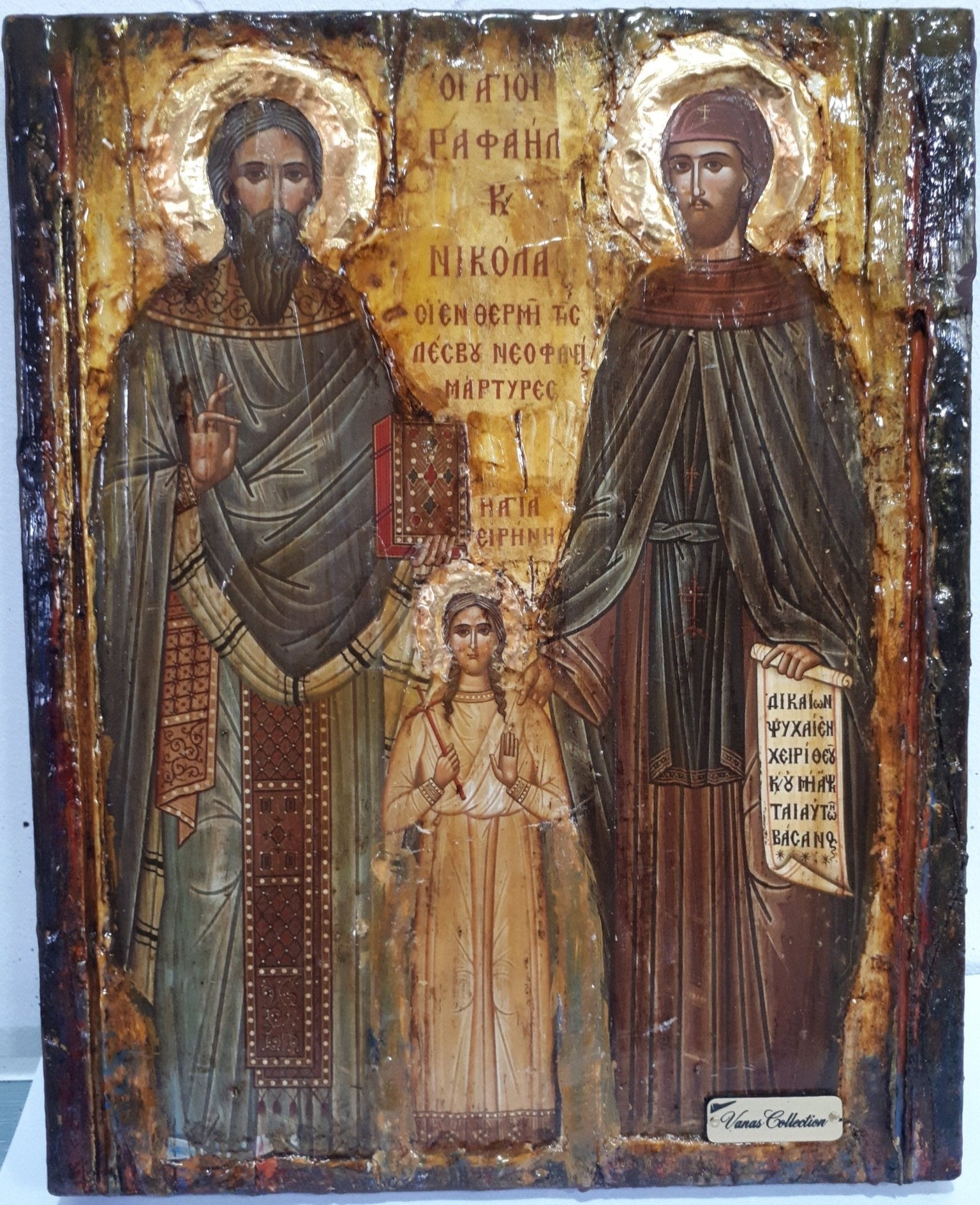 St. Raphael, St. Irene & St. Nicholas-Greek Orthodox Byzantine Handmade Icons - Vanas Collection