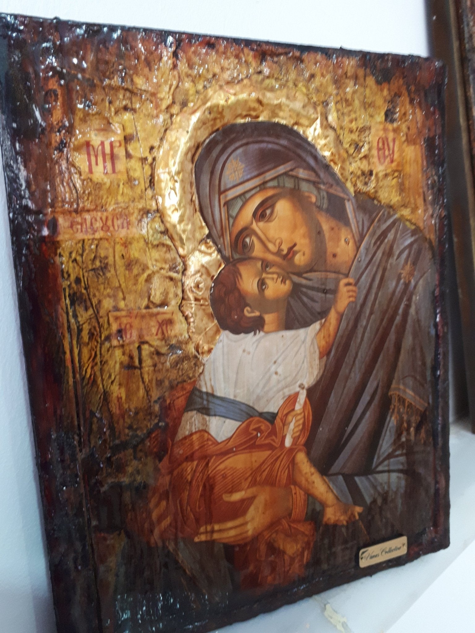 Virgin Mary Eleousa Jesus Christ Icon - Handmade Greek Orthodox Byzantine Icon - Vanas Collection