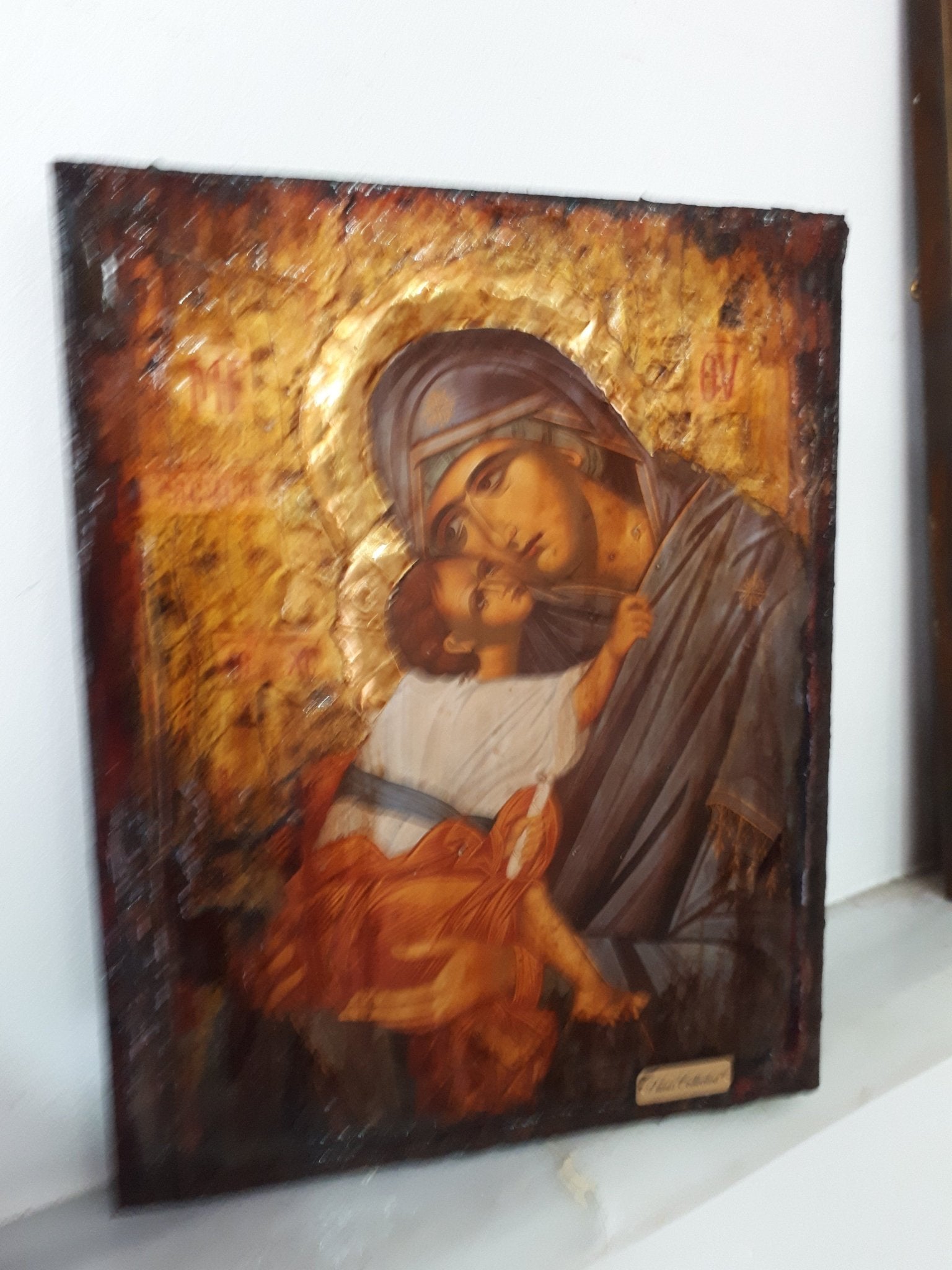 Virgin Mary Eleousa Jesus Christ Icon - Handmade Greek Orthodox Byzantine Icon - Vanas Collection