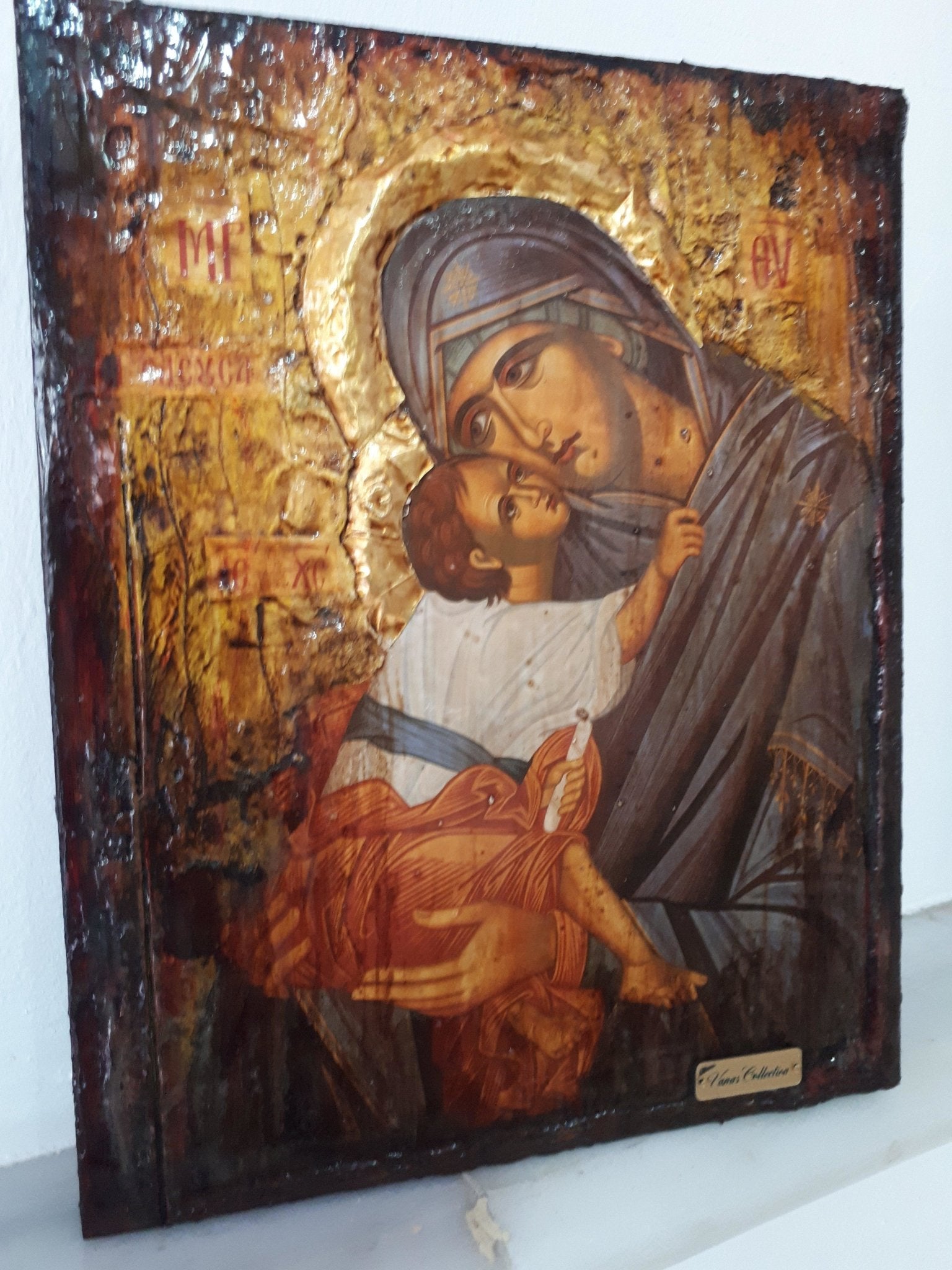 Virgin Mary Eleousa Jesus Christ Icon - Handmade Greek Orthodox Byzantine Icon - Vanas Collection