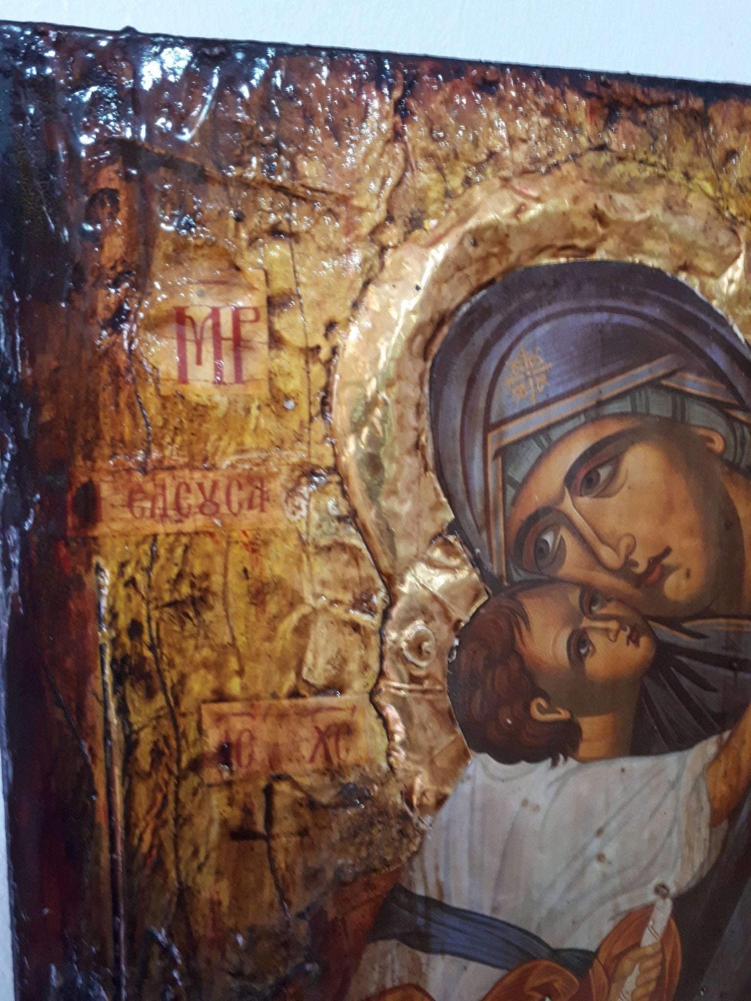 Virgin Mary Eleousa Jesus Christ Icon - Handmade Greek Orthodox Byzantine Icon - Vanas Collection