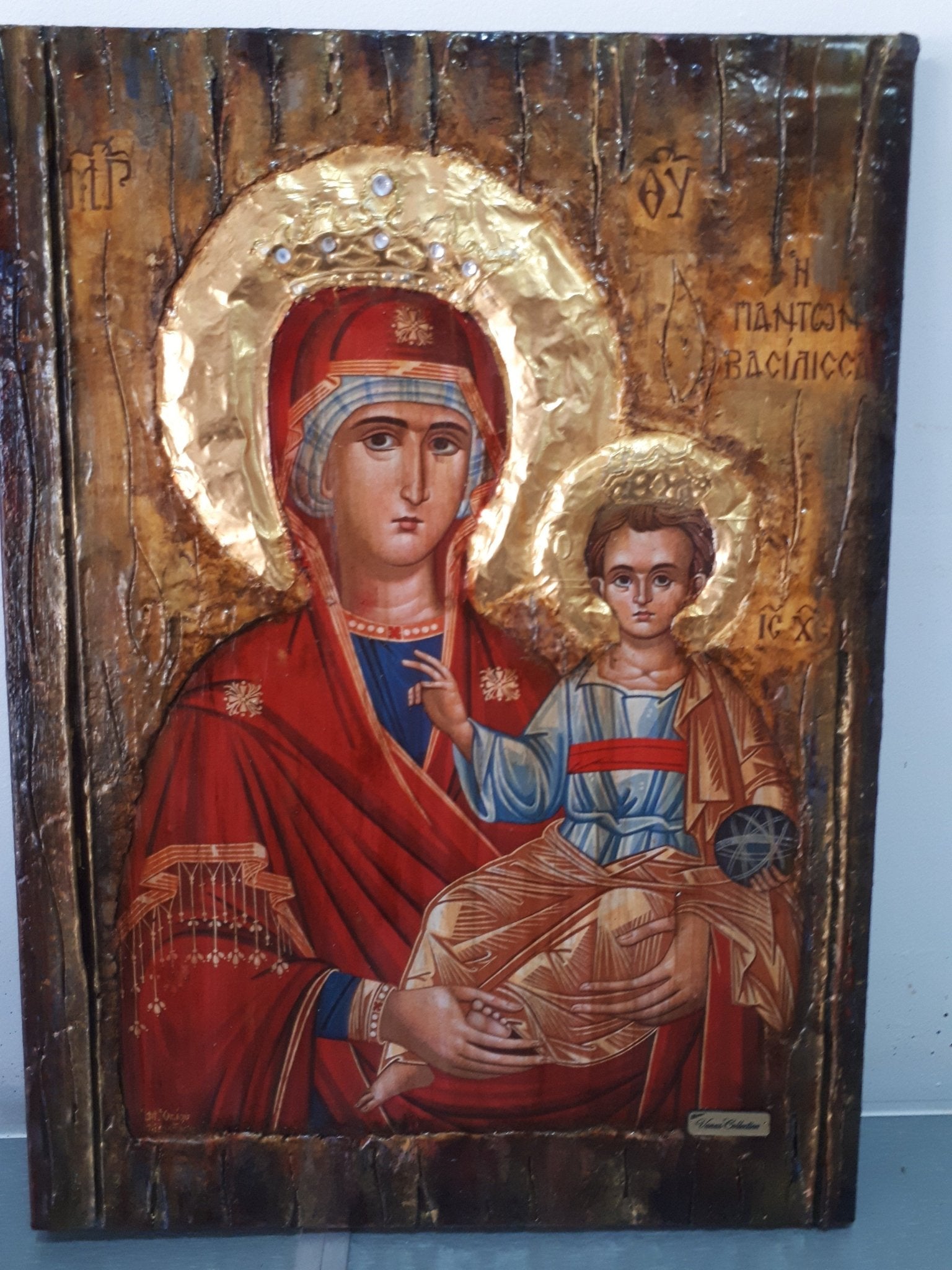 Virgin Mary Maria Queen of All-Jesus Christ Orthodox Handmade Antique Style Icon - Vanas Collection