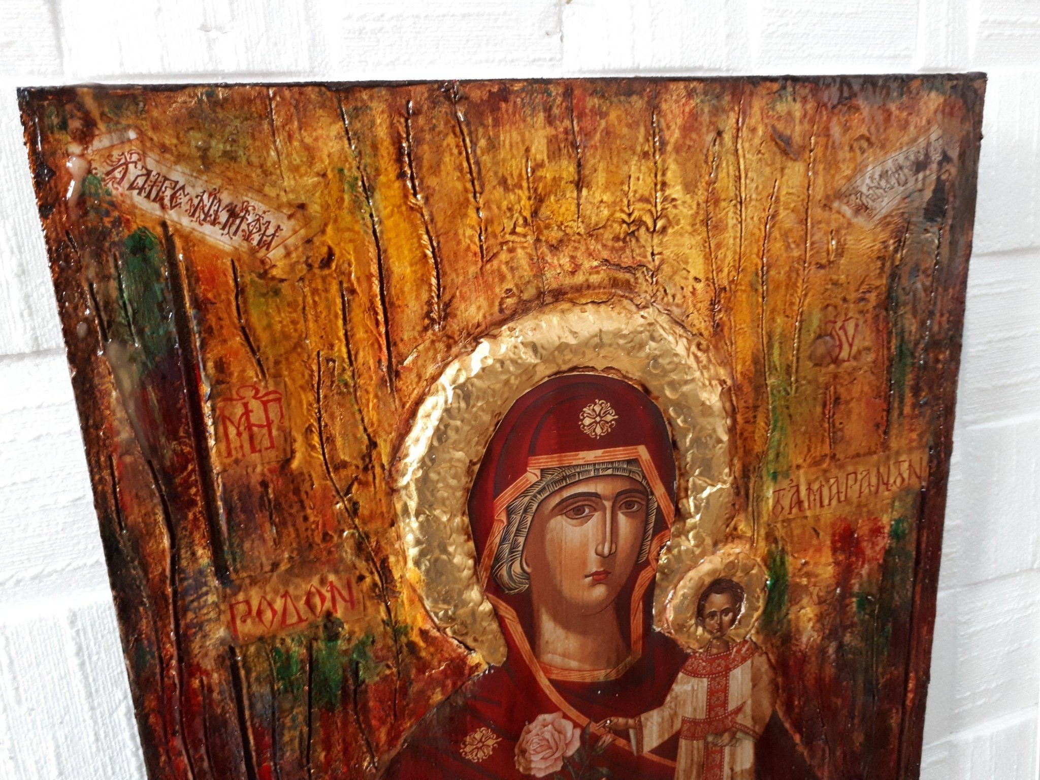 Virgin Mary Maria RODON with Jesus Christ Orthodox Antique Style Icon - Vanas Collection