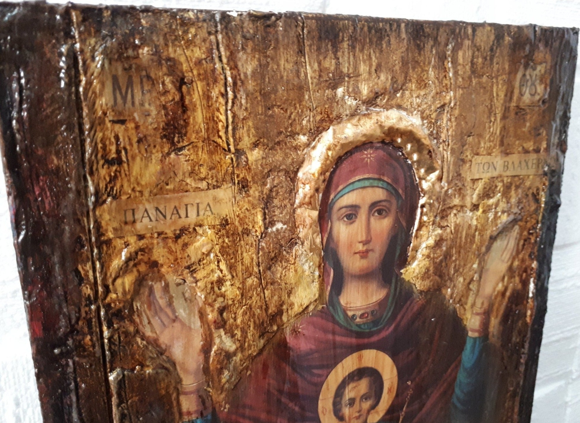 Virgin Mary of Vlahernon Icon-Handmade Greek Orthodox Byzantine Icons Antique - Vanas Collection