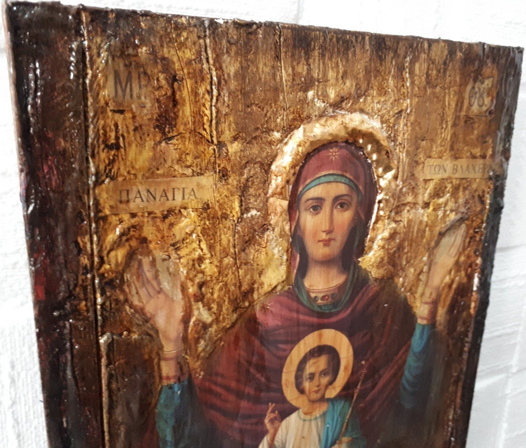 Virgin Mary of Vlahernon Icon-Handmade Greek Orthodox Byzantine Icons Antique - Vanas Collection
