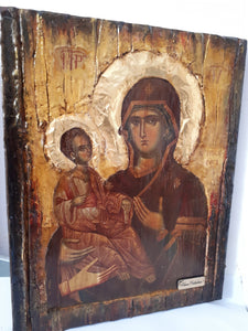 Virgin Mary Panagia Tricherousa-Orthodox Greek Byzantine Wood Antique Style Icon - Vanas Collection