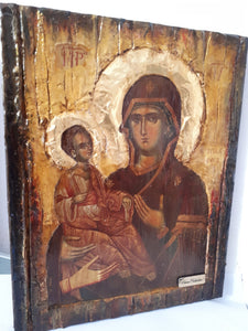 Virgin Mary Panagia Tricherousa-Orthodox Greek Byzantine Wood Antique Style Icon - Vanas Collection