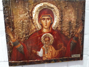 Virgin Mary PLATYTERA OURANON-Jesus Christianity Orthodox Greek Handmade Unique Icon - Vanas Collection