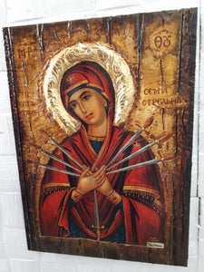 Virgin Mary Theotokos of the 7 Swords icon-Large Orthodox Greek Byzantine Handmade - Vanas Collection