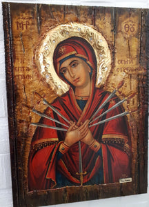 Virgin Mary Theotokos of the 7 Swords icon-Large Orthodox Greek Byzantine Handmade - Vanas Collection