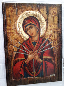 Virgin Mary Theotokos of the 7 Swords icon-Large Orthodox Greek Byzantine Handmade - Vanas Collection