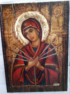 Virgin Mary Theotokos of the 7 Swords icon-Large Orthodox Greek Byzantine Handmade - Vanas Collection
