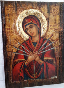 Virgin Mary Theotokos of the 7 Swords icon-Large Orthodox Greek Byzantine Handmade - Vanas Collection