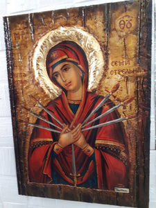 Virgin Mary Theotokos of the 7 Swords icon-Large Orthodox Greek Byzantine Handmade - Vanas Collection