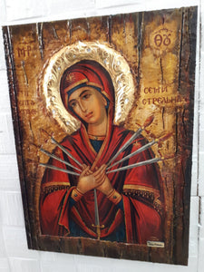 Virgin Mary Theotokos of the 7 Swords icon-Large Orthodox Greek Byzantine Handmade - Vanas Collection